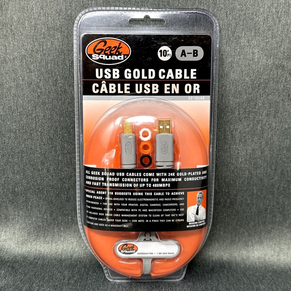 VTG 2004 Geek Squad USB Gold Cable A-B 10 Feet Long New In Box Corrosion Proof